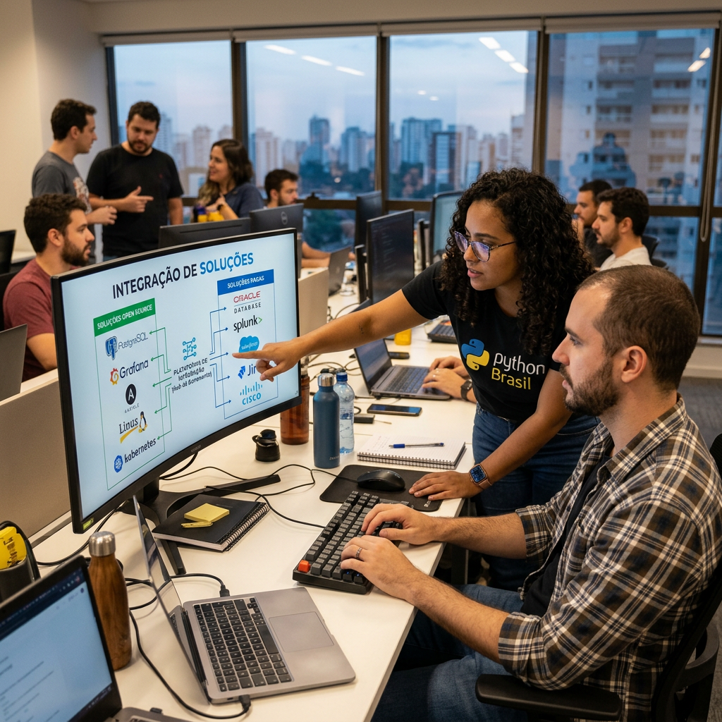 Two coworkers discussing software integration displayed on a monitor, with office colleagues working in the background